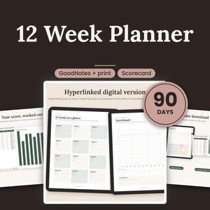 May include: A 12 Week Planner digital product featuring a hyperlinked interface for GoodNotes and printing. The layout includes a 90 days circular badge, a 12 weeks at a glance page with pastel colored boxes, a scoreboard grid, and data charts.