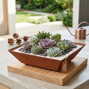 Könnte beinhalten: Ein quadratischer, rostfarbener Metallpflanzer, gefüllt mit verschiedenen Sukkulenten, kleinen schwarzen Steinen und weißen Kieselsteinen. Der Pflanzer steht auf einem Holzbrett. Eine Gießkanne aus Kupfer ist im Hintergrund.
