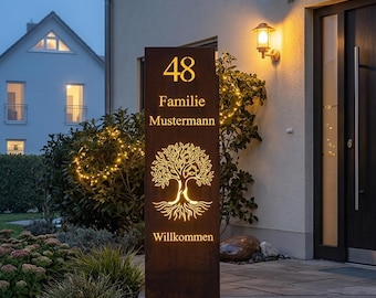Dein Unikat für den Eingang: Rostsäule mit Wunschname & Lebensbaum | Personalisierte Stele 100x30cm | Das besondere Einzugsgeschenk