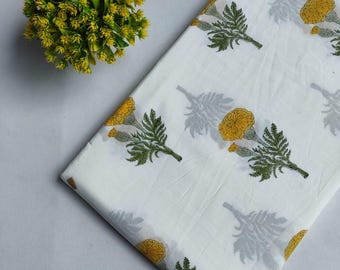 White Marigold Block Print Cotton Fabric by the Yard, 100% Indian Floral Sewing, Quilting Fabric