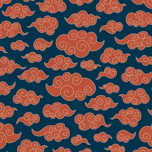Könnte beinhalten: Ein nahtloses Muster mit stilisierten orangefarbenen Wolken mit weißen Wirbeln auf einem dunkelblauen Hintergrund. Die Wolken variieren in Größe und Form und erzeugen ein sich wiederholendes Design für Stoff oder Tapeten.