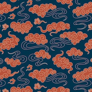 Könnte beinhalten: Nahtloses Muster mit stilisierten Wolken und fließenden Linien in Rost- und Weißtönen auf tiefblauem Hintergrund. Das Design erinnert an traditionelle asiatische Kunst, geeignet für Stoff oder Tapeten.