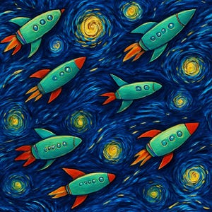 May include: A vibrant illustration depicts teal rockets with red and orange details against a swirling night sky. The background is a deep blue with yellow and white swirls, creating a starry effect, similar to a famous artwork.