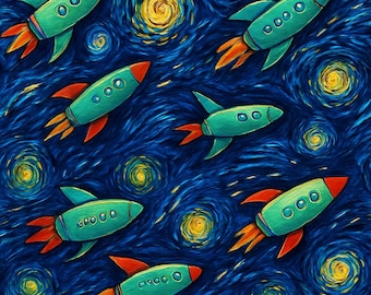 Retro Rocket “Starry Night” Sky Fabric by the Yard – Swirling Galaxy Space Print for Quilting, Crafts, Kids Room & Décor