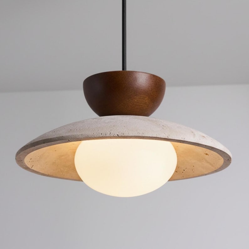 Lámpara colgante LED moderna de mediados de siglo: lámpara colgante de travertino amarillo y madera para comedor, sala de estar o dormitorio. Lámpara de techo.