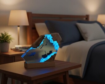 手作り樹脂製オーシャンランプ、タコとダイバーのジオラマナイトライト