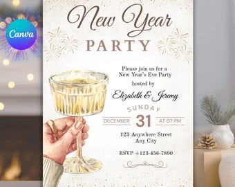 Uitnodiging voor oudejaarsfeestje: bewerkbare canva-sjabloon (digitale download)