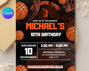 Uitnodiging voor verjaardagsfeestje basketbal: bewerkbare canvassjabloon (digitale download)