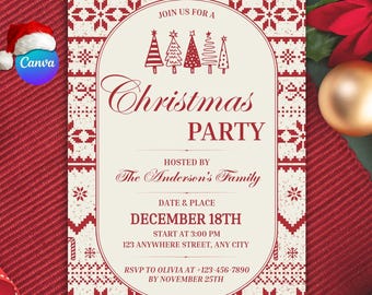 Vintage uitnodiging kerstfeest: bewerkbare canvassjabloon (digitale download)