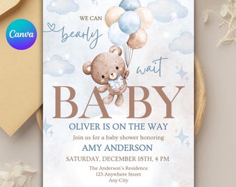 Uitnodiging babyshower teddybeer jongen - bewerkbare canva-sjabloon (digitale download)