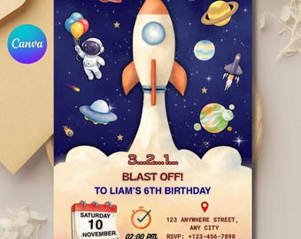 Uitnodiging voor verjaardagsfeestje Outer Space: bewerkbare canva-sjabloon (digitale download)