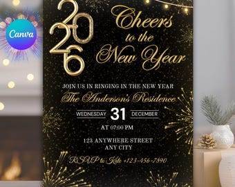 Uitnodiging voor oudejaarsfeestje: bewerkbare canva-sjabloon (digitale download)