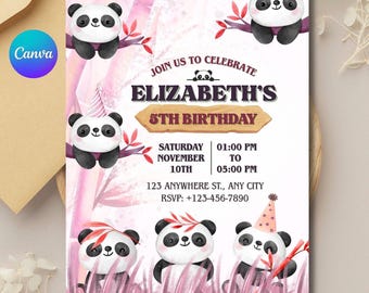 Uitnodiging voor verjaardagsfeestje Pink Panda: bewerkbare canvassjabloon (digitale download)