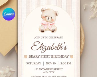 Uitnodiging eerste verjaardagsfeestje teddybeer: bewerkbare canvasjabloon (digitale download)