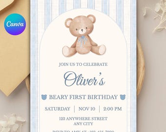 Uitnodiging eerste verjaardagsfeestje teddybeer: bewerkbare canvasjabloon (digitale download)