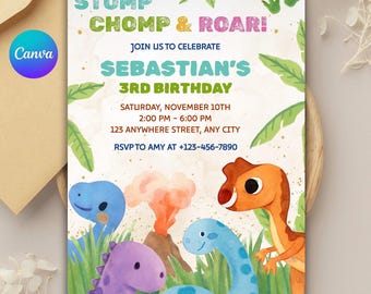 Uitnodiging voor verjaardagsfeestje dinosaurus: bewerkbare canvassjabloon (digitale download)