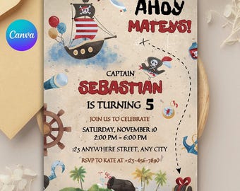 Uitnodiging voor verjaardagsfeestje piraat: bewerkbare canvassjabloon (digitale download)