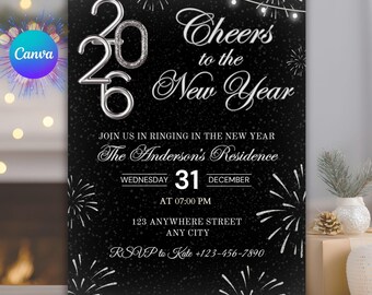 Uitnodiging voor oudejaarsfeestje: bewerkbare canva-sjabloon (digitale download)