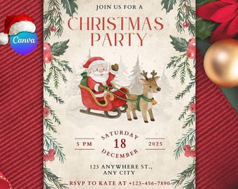 Uitnodiging kerstfeest kerstman slee: bewerkbare canva-sjabloon (digitale download)