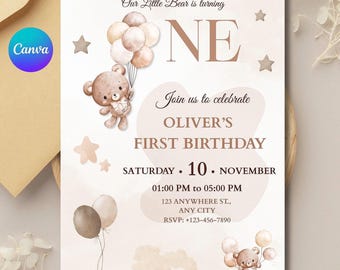 Uitnodiging eerste verjaardagsfeestje teddybeer: bewerkbare canvasjabloon (digitale download)