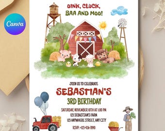 Uitnodiging voor verjaardagsfeestje boerderij: bewerkbare canvassjabloon (digitale download)