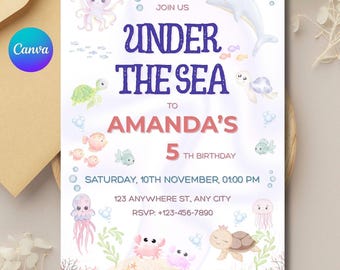 Uitnodiging voor verjaardagsfeestje Under the Sea: bewerkbare canva-sjabloon (digitale download)