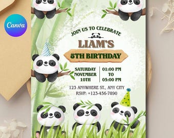 Uitnodiging voor verjaardagsfeestje Panda: bewerkbare canvassjabloon (digitale download)