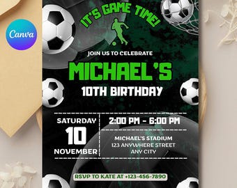 Uitnodiging voor verjaardagsfeestje voetbal: bewerkbare canvassjabloon (digitale download)
