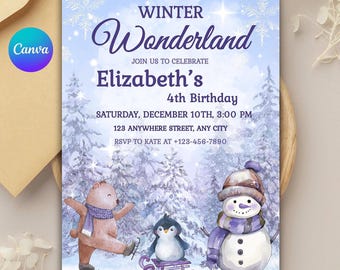 Uitnodiging voor verjaardagsfeestje Winter Wonderland: bewerkbare canva-sjabloon (digitale download)