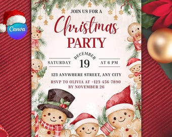 Uitnodiging kerstfeest peperkoek: bewerkbare canva-sjabloon (digitale download)