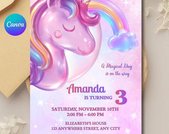 Uitnodiging voor verjaardagsfeestje eenhoorn: bewerkbare canvassjabloon (digitale download)