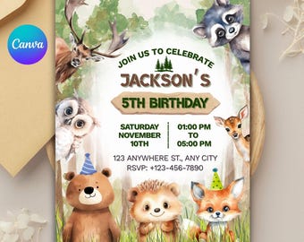 Uitnodiging voor verjaardagsfeestje Woodland Animals: bewerkbare canva-sjabloon (digitale download)