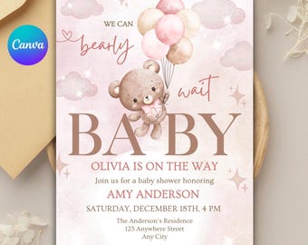 Uitnodiging babyshower teddybeer meisje - bewerkbare canvassjabloon (digitale download)
