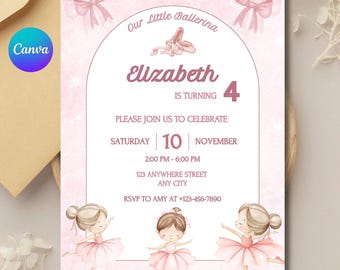 Uitnodiging voor verjaardagsfeestje ballerina: bewerkbare canva-sjabloon (digitale download)