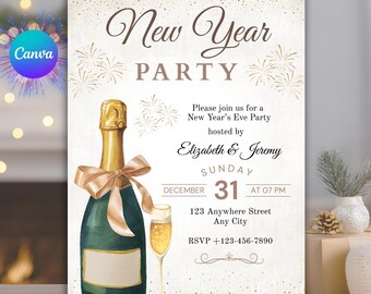 Uitnodiging voor oudejaarsfeestje: bewerkbare canva-sjabloon (digitale download)