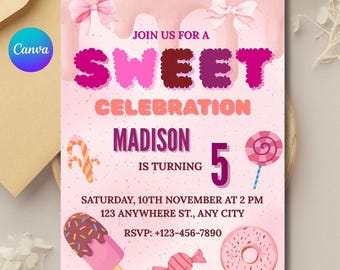 Uitnodiging voor verjaardagsfeestje snoep: bewerkbare canvassjabloon (digitale download)