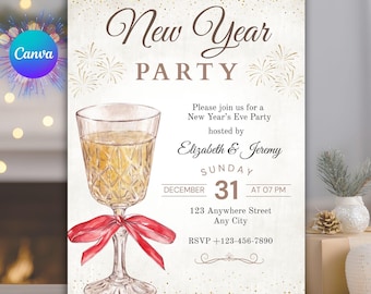 Uitnodiging voor oudejaarsfeestje: bewerkbare canva-sjabloon (digitale download)