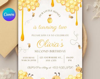 Uitnodiging voor verjaardagsfeestje Honey Bee: bewerkbare canva-sjabloon (digitale download)
