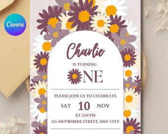 Floral Daisy-verjaardagsuitnodiging voor verjaardagsfeestje: bewerkbare canvassjabloon (digitale download)