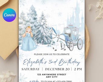 Uitnodiging voor verjaardagsfeestje winterprinses: bewerkbare canvassjabloon (digitale download)