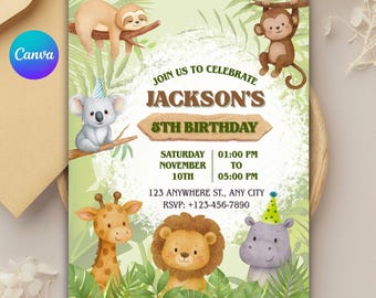Uitnodiging voor verjaardagsfeestje Safari | Jungledieren-thema: bewerkbare canvassjabloon (digitale download)