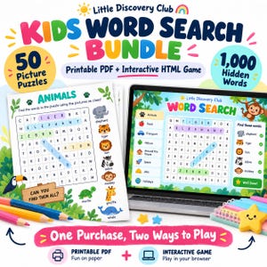 Pode incluir: Um pacote de caça-palavras para crianças com 50 quebra-cabeças ilustrados e 1.000 palavras ocultas. Inclui um PDF imprimível com ilustrações de animais e um jogo HTML interativo em uma tela de laptop. O texto diz Little Discovery Club.