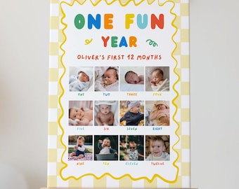 Fun To Be One Photo Board Boy, Colorful 1st Birthday Milestone Sign, Baby First Year Canva Template, Primary Colors Collage, 12 Month Poster