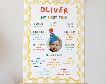 Primary Colors First Birthday Milestone Board with Photo, Fun to Be One Sign, Colorful 1st Bday Poster, Editable Baby Stats Canva Template