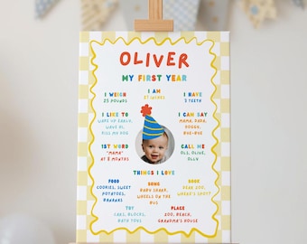 Tablero de hitos del primer cumpleaños con colores primarios y foto, letrero "Divertido para cumplir un año", póster colorido del primer cumpleaños, plantilla editable de Canva para estadísticas del bebé