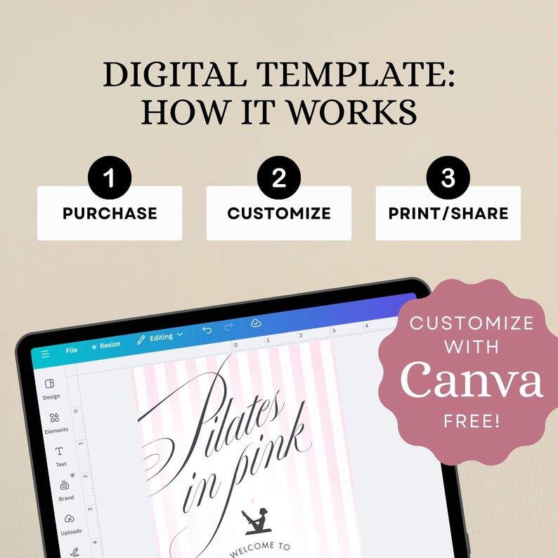 May include: Digital template graphic with the text "DIGITAL TEMPLATE: HOW IT WORKS." Steps include "PURCHASE," "CUSTOMIZE," and "PRINT/SHARE." The image shows a tablet displaying "Pilates in Pink" with a pink and white striped background. The text "CUSTOMIZE WITH Canva FREE!" is also present.
