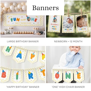 May include: A collection of birthday banners featuring colorful, playful typography and party-themed graphics. The set includes a large horizontal banner, a series of monthly milestone photo cards, a 'Happy Birthday' pennant string, and a 'One' high chair banner.