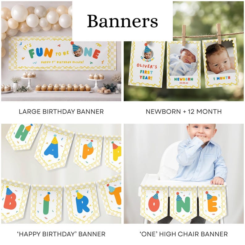 May include: A collection of birthday banners featuring colorful, playful typography and party-themed graphics. The set includes a large horizontal banner, a series of monthly milestone photo cards, a 'Happy Birthday' pennant string, and a 'One' high chair banner.