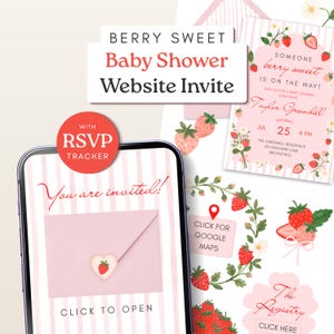 Website voor uitnodigingen voor een babyshower met aardbeienmotief, schattige geanimeerde klikbare Canva-uitnodiging, interactieve digitale sjabloon met RSVP-tracker, roze baby