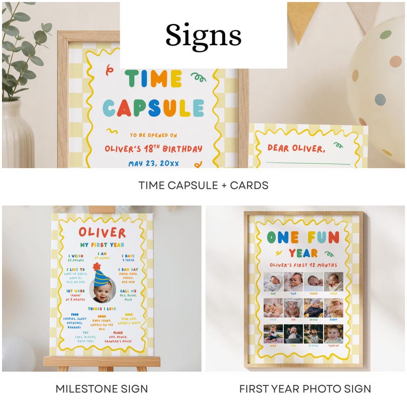 May include: A collection of three printed signs featuring a yellow and white checkered border and colorful text. The signs include a Time Capsule sign with matching cards, a My First Year milestone sign, and a One Fun Year photo collage sign.